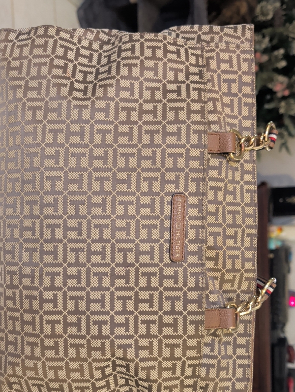 Tommy Hilfiger Brown Monogram Tote with Gold-Tone Chain Accents